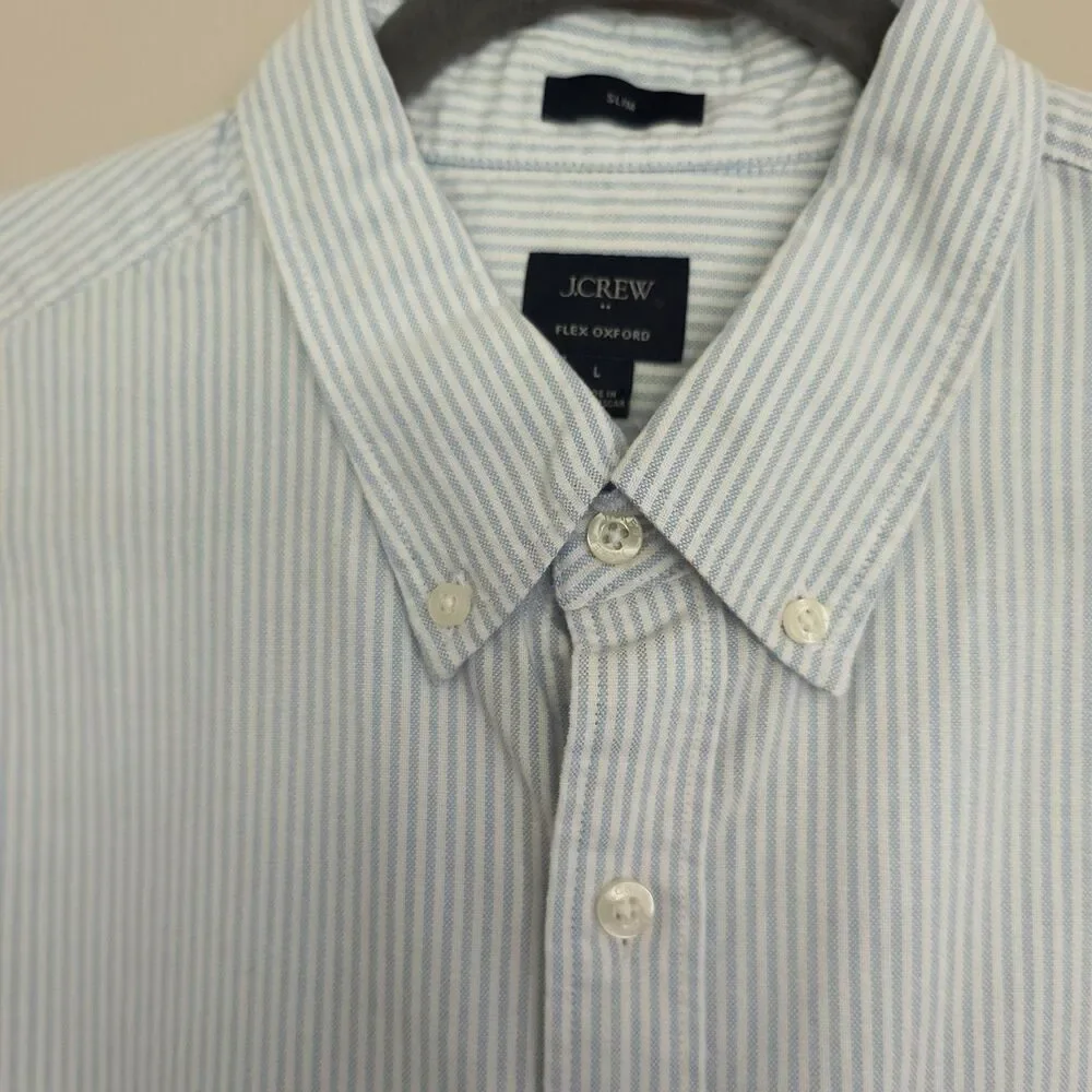 J Crew Flex Oxford Shirt NEW Mens L Slim Blue Stripe $89 Coastal Career Vacation